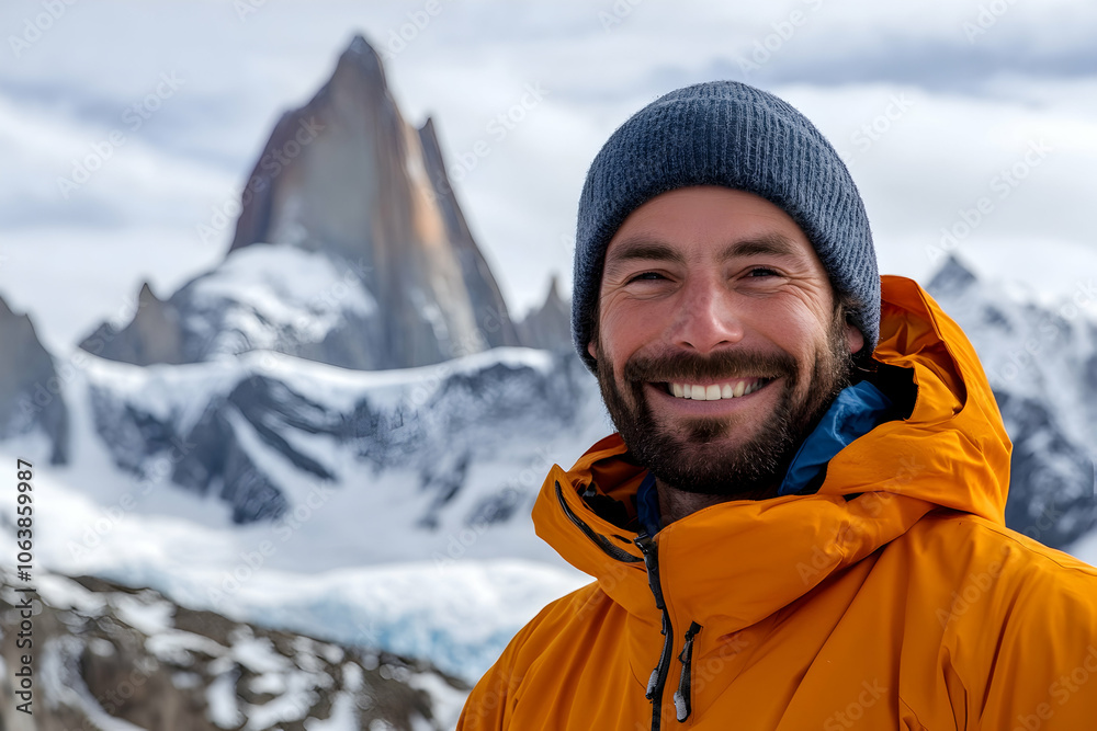 Portrait of a happy man in his 30s in a windproof jacket with a mountain peak setting. 4k high image Portrait of a happy man in his 30s in a windproof jacket with a mountain peak setting. 4k high image