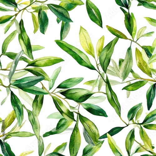 Watercolor Olive Branch Pattern. Hand-drawn Illustration of Fresh Green Leaves and Branches on White Background