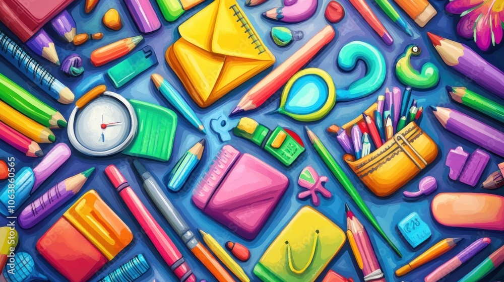 A colorful and vibrant flat lay with school supplies, including pencils, pens, a compass, erasers, sharpeners, and notebooks, arranged on a blue background. A colorful and vibrant flat lay with school supplies, including pencils, pens, a compass, erasers, sharpeners, and notebooks, arranged on a blue background.