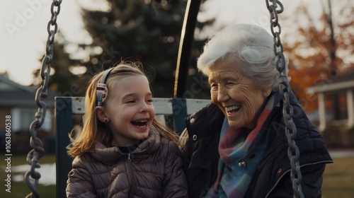 Heartwarming interaction between grandmother and granddaughter on a swing, sharing laughter and love in a sunlit park.