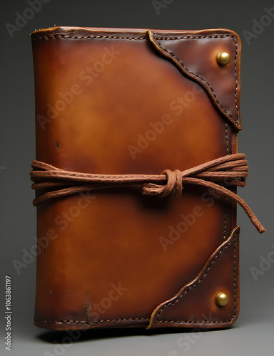 A leather bound notebook secured by a tie that serves as its closure mechanism