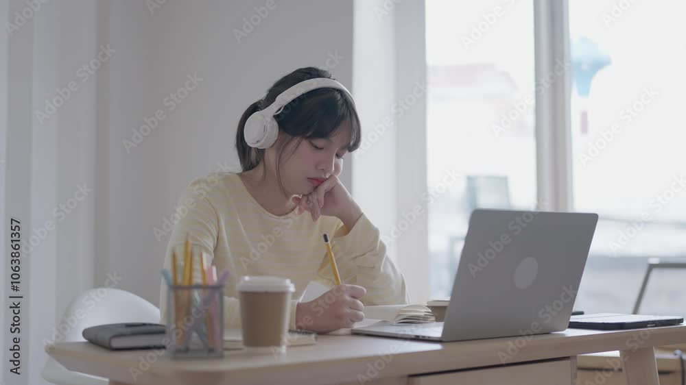 University student asian woman bored while studying in her room University student asian woman bored while studying in her room