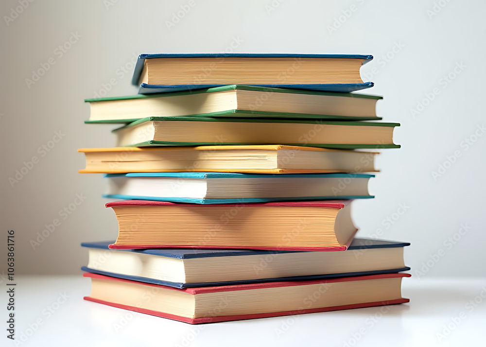 A large stack of brightly colored books with various textures sits on a white surface waiting to be read or placed near some text A large stack of brightly colored books with various textures sits on a white surface waiting to be read or placed near some text