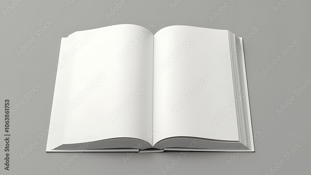 A large open book lies flat on a desk with numerous blank white pages waiting for written content A large open book lies flat on a desk with numerous blank white pages waiting for written content