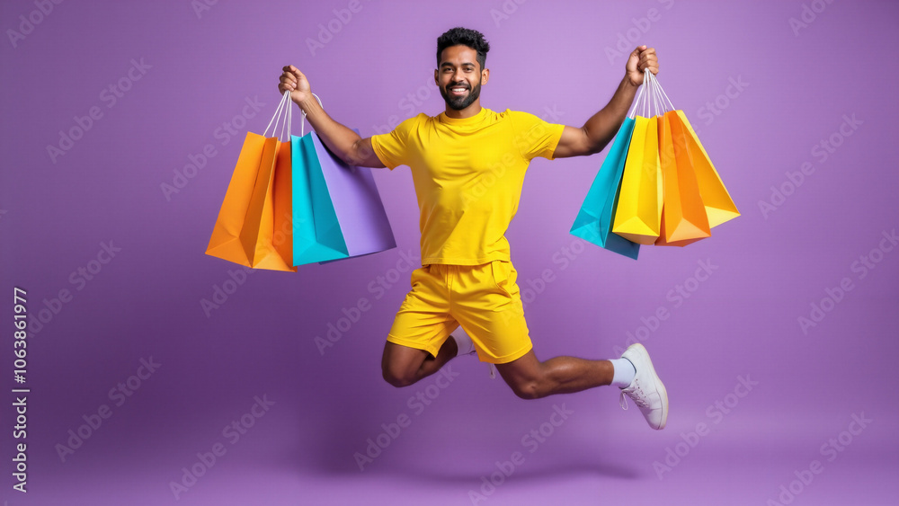 Energetic Young Man in Yellow Outfit Running with Shopping Bags: Fashion Retail Ad for Trendy Clothing Sales Energetic Young Man in Yellow Outfit Running with Shopping Bags: Fashion Retail Ad for Trendy Clothing Sales