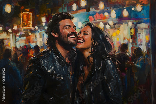 Portrait of a joyful couple in their 40s in a leather jacket with a vibrant crowd. high quality image