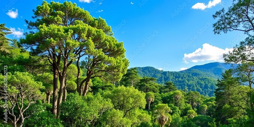 Fototapeta premium A lush green forest with tall trees and vibrant foliage under a clear blue sky, blue, lush