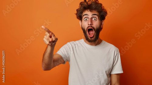 Portrait of astonished young bearded man wearing white t-shirt standing with open mouth pointing away at advertisement area, copy space, close-up, isolated on orange background