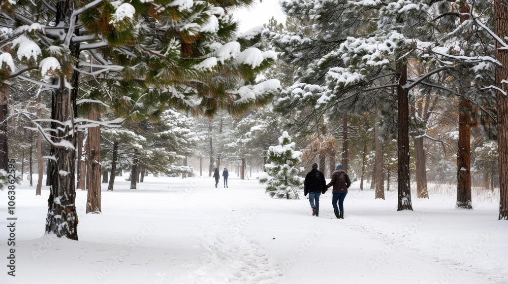 Couples stroll through a tranquil, snow-covered forest path lined with trees draped in white, creating a peaceful winter wonderland. Couples stroll through a tranquil, snow-covered forest path lined with trees draped in white, creating a peaceful winter wonderland.