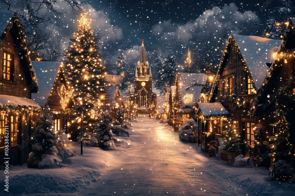 Fototapeta premium Charming Snowy Village with Christmas Lights at Night