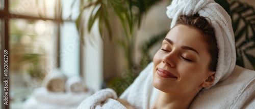 Woman in white robe smiles, eyes shut on spa table. White towel on head, window, plants in background. photo