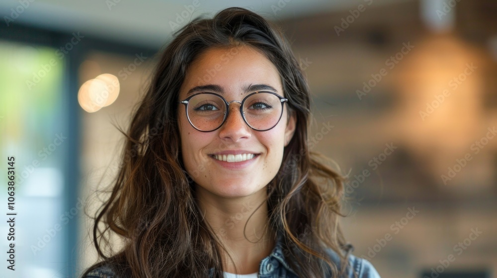 A young woman with brown hair, glasses, denim jacket, and a smile poses in front of a brick wall indoors, creating a cozy and welcoming vibe. A young woman with brown hair, glasses, denim jacket, and a smile poses in front of a brick wall indoors, creating a cozy and welcoming vibe.