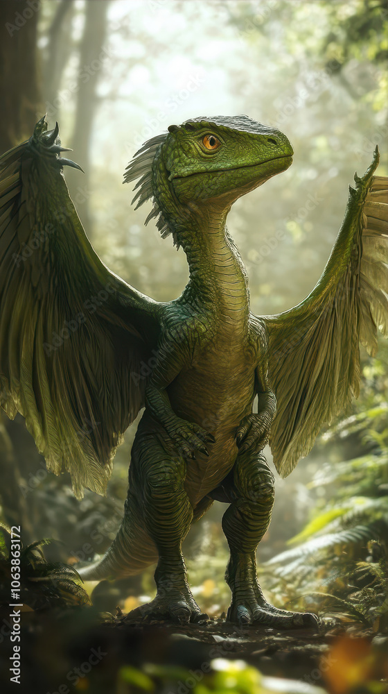 Fototapeta premium A Bystrov Winged Green Dinosaur Stands Proudly in a Lush, Ancient Forest During Daylight