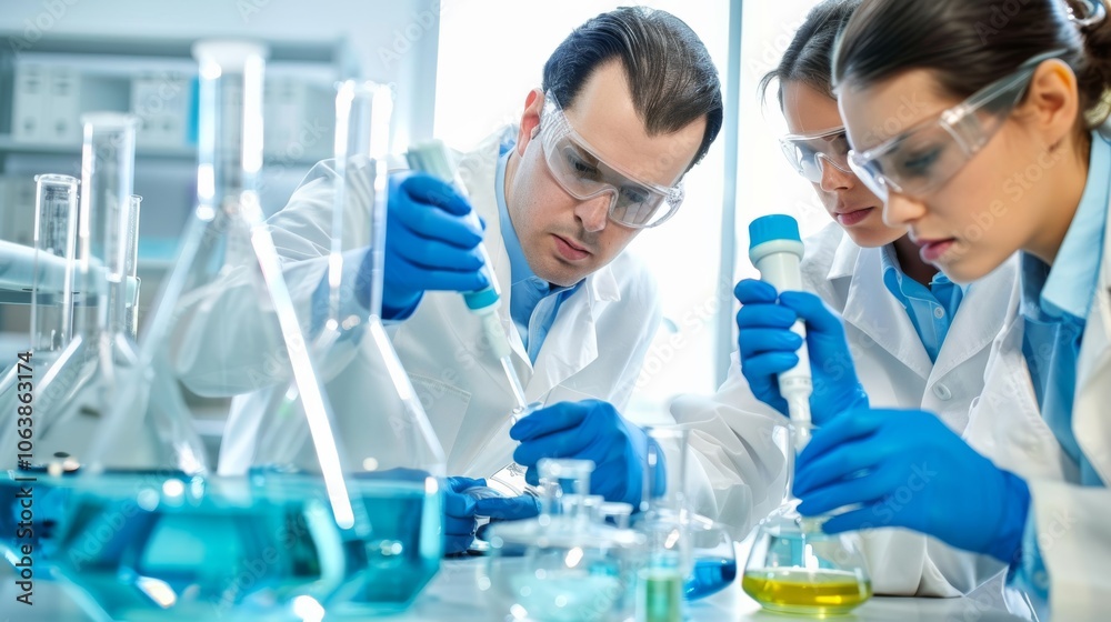 Three scientists work diligently in a high-tech lab, using pipettes and protective gear amid blue and yellow solutions. Precision and teamwork are evident. Three scientists work diligently in a high-tech lab, using pipettes and protective gear amid blue and yellow solutions. Precision and teamwork are evident.
