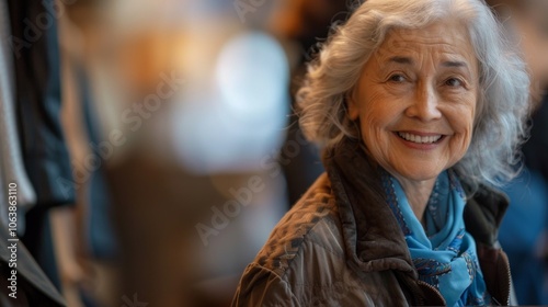 Wallpaper Mural Elderly woman in brown jacket and blue scarf, smiling with gray hair tied in a scarf, city backdrop hints at urban setting. Torontodigital.ca