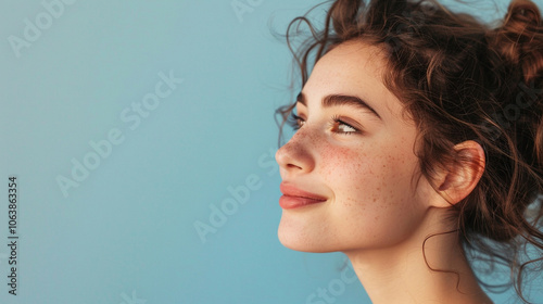 Side view young happy woman, close up, mock up area isolated on light blue background