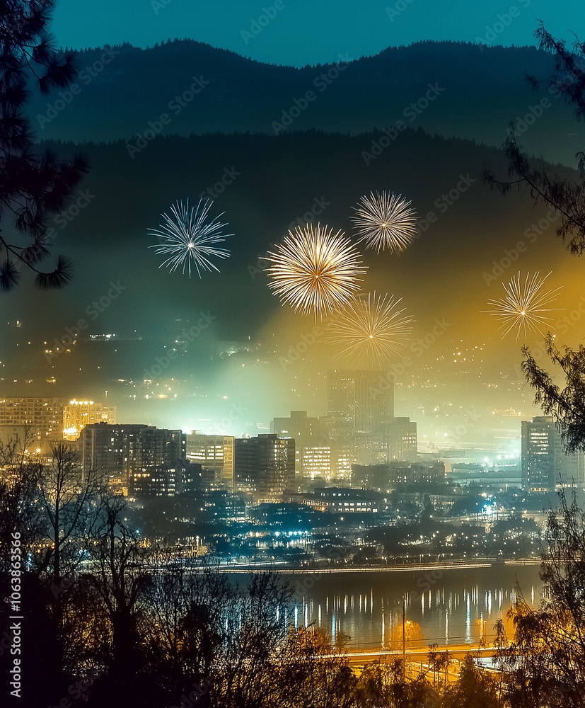 Obraz premium Happy New Year Celebration, fireworks, balloons, drinks
