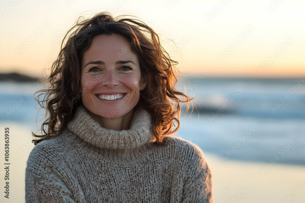 Portrait of a joyful woman in her 40s in a wool sweater against a  sunset. 4k high quality image