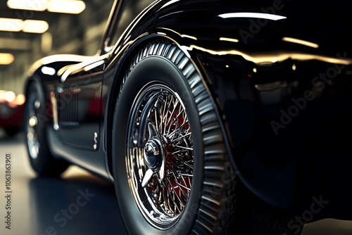 classic vintage sports car with polished chrome wheel and shiny rim, luxury vehicle
