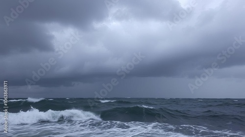 A dramatic wind storm stirring up waves on a dark and stormy sea, water, climate