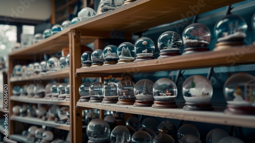 Wallpaper Mural Shelves filled with a vast array of snow globes create a whimsical, enchanting atmosphere reminiscent of holiday magic. Torontodigital.ca