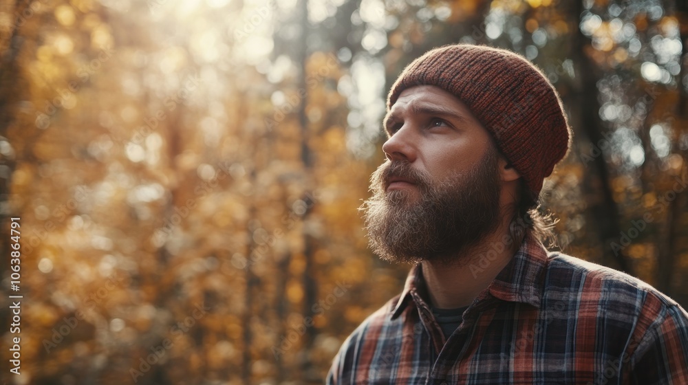 A bearded man wearing a beanie and plaid shirt looks thoughtfully up at the sun shining through the trees in an autumn forest. A bearded man wearing a beanie and plaid shirt looks thoughtfully up at the sun shining through the trees in an autumn forest.