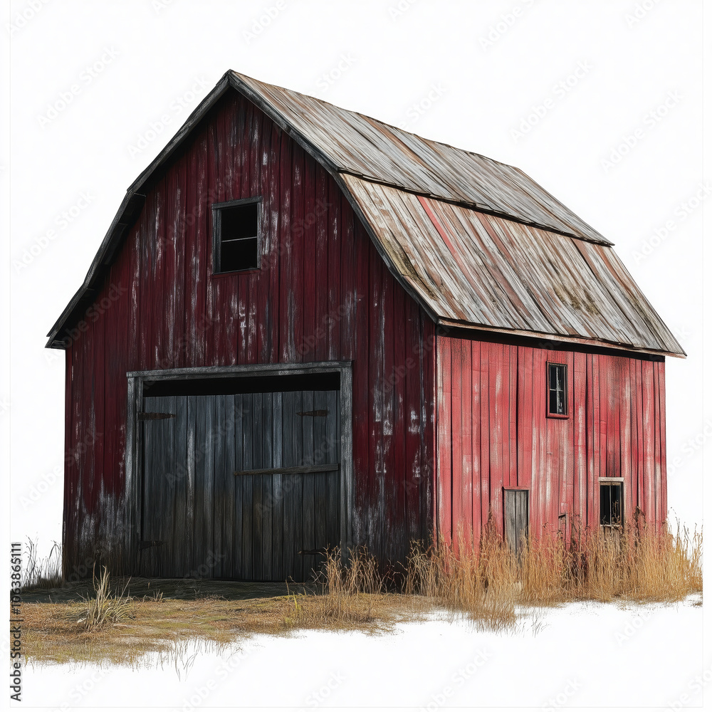Rustic red barn surrounded by wild grass in a serene rural landscape during daytime Rustic red barn surrounded by wild grass in a serene rural landscape during daytime