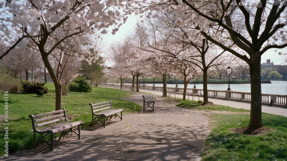 Sunlit park path lined with cherry blossoms and empty benches invites peaceful walks amid springtime splendor. Sunlit park path lined with cherry blossoms and empty benches invites peaceful walks amid springtime splendor.