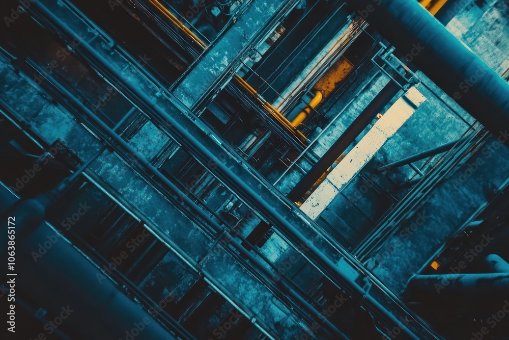 Abstract view of industrial structures with pipes and beams, showcasing geometric patterns. Abstract view of industrial structures with pipes and beams, showcasing geometric patterns.