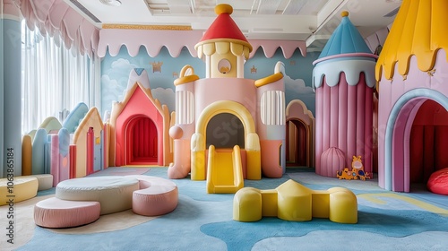 The image showcases a vibrant indoor play area designed for children, characterized by colorful, soft, and whimsical architectural structures resembling a fairytale castle. The predominant colors incl photo