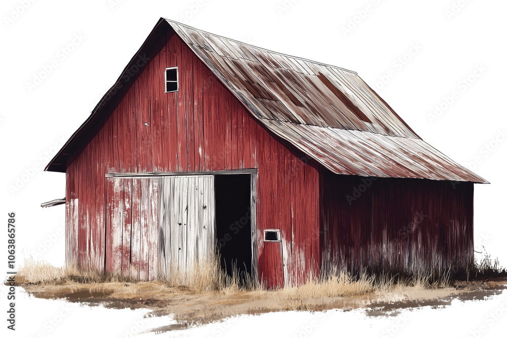 Weathered red barn standing alone in a golden field on a clear day in rural America Weathered red barn standing alone in a golden field on a clear day in rural America