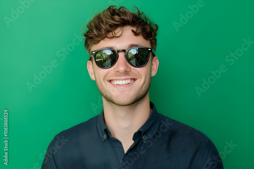 Portrait of a smiling man in his 20s in sunglasses on a green background. 4k high quality