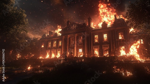 A large, old, mansion engulfed in flames, burning with intensity. The fire glows brightly, with smoke billowing into the night sky.