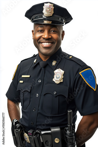 A smiling police officer in uniform stands confidently with a radio at his side in a cheerful pose