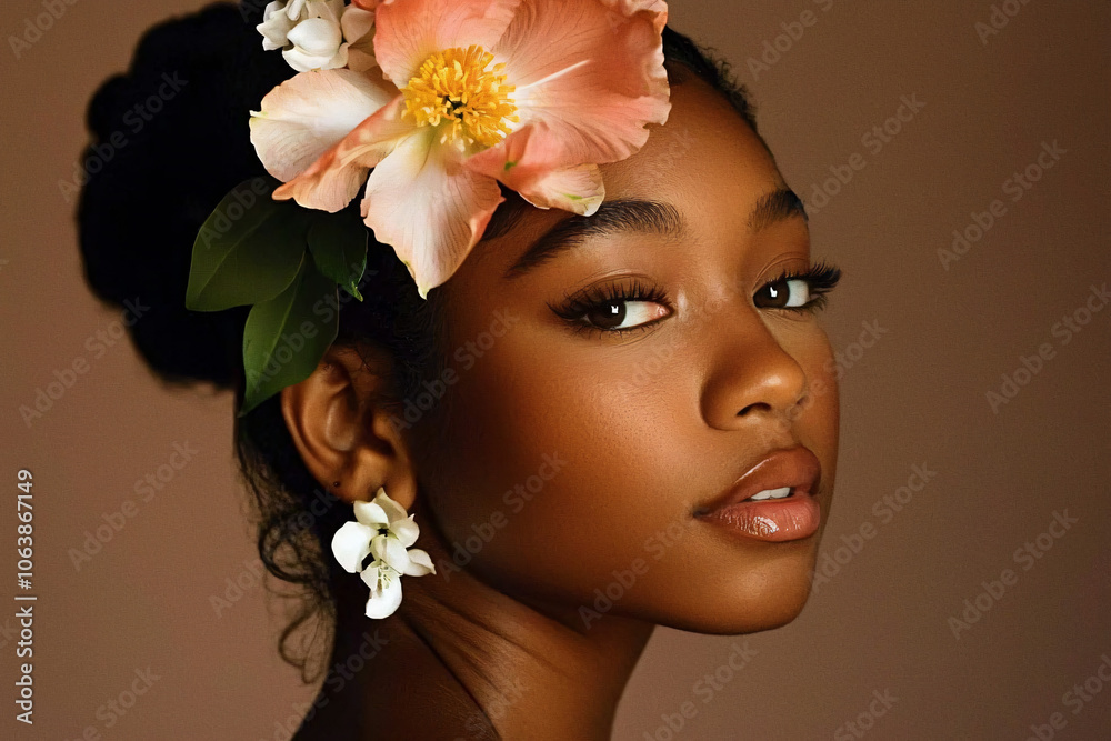 young black female model with flower decor in her hair, beauty shot