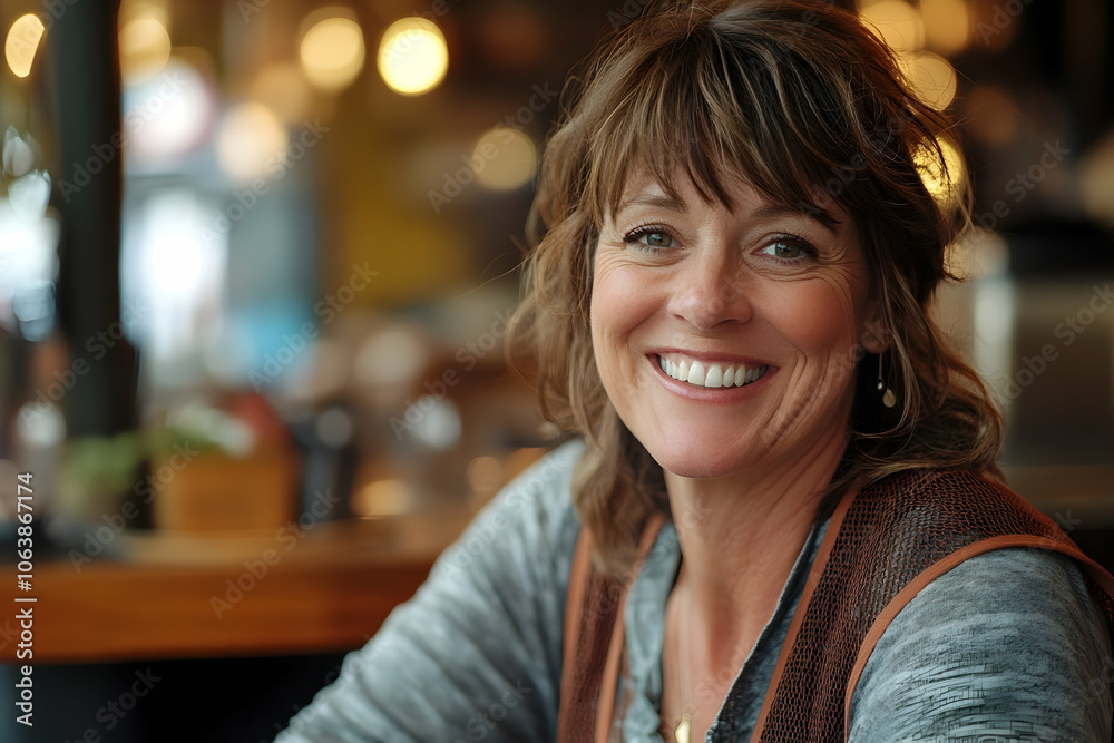 Portrait of a smiling woman in her 40s in a mesh vest in a restaurant setting. 4k high quality Portrait of a smiling woman in her 40s in a mesh vest in a restaurant setting. 4k high quality