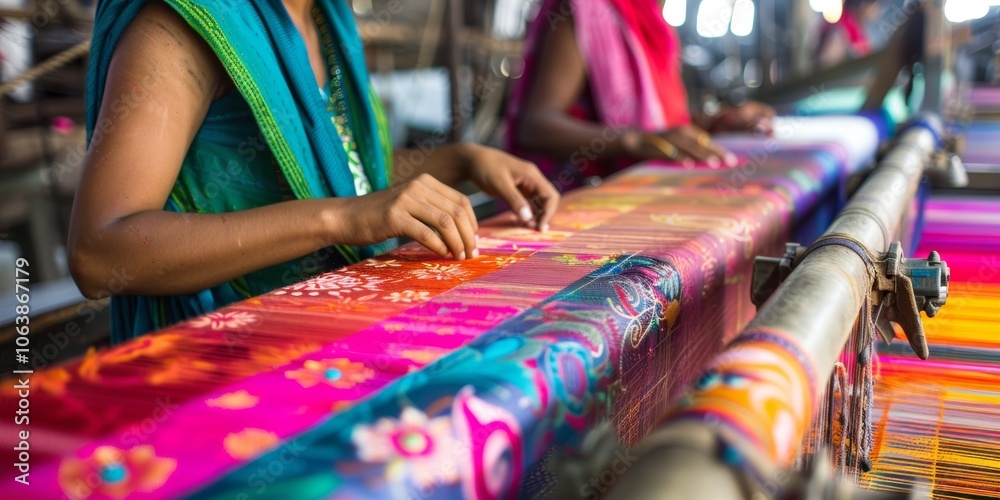 Obraz premium Woman Weaving Colorful Fabric