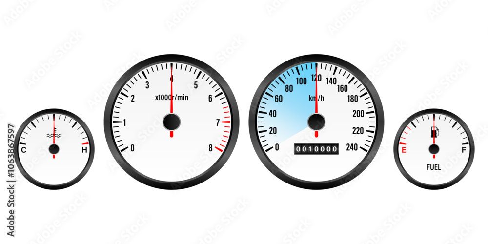 Naklejka premium Car Dashboard. Car Panel Display. Car Speedometer Dashboard. Tachometer or Odometer Display. Vector Illustration.