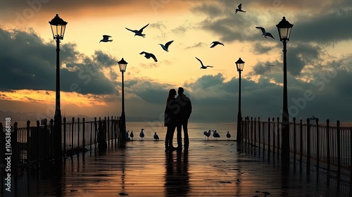 Silhouettes of a Couple on a Pier at Sunset with Seagulls and Streetlights