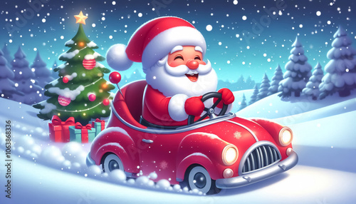 Cute illustration of santa claus in snowy landscape on a red car. Christmas Celebration Time photo