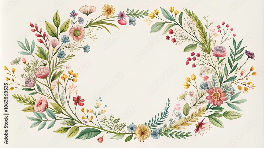Elegant Floral Round Frame with Wildflowers for Wedding Card Design, Hand-Drawn Botanical Border, Line Art Illustration, Perfect for Invitations and Stationery Elegant Floral Round Frame with Wildflowers for Wedding Card Design, Hand-Drawn Botanical Border, Line Art Illustration, Perfect for Invitations and Stationery