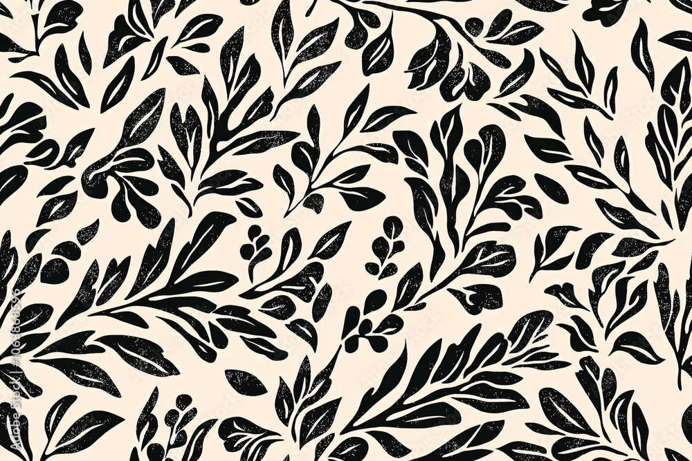 seamless pattern of wild leaves, black on beige background