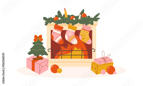 Christmas banner with fireplace and presents