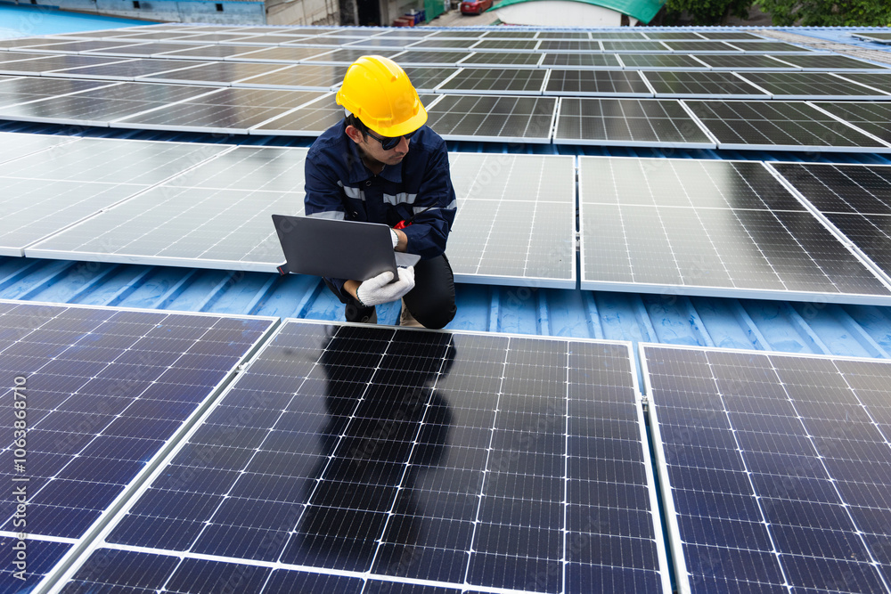 Engineer checking solar cell or photovoltaic cell by computer laptop installed on the roof of the factory. Technician worker repair or inspect the system. Industrial renewable energy concept Engineer checking solar cell or photovoltaic cell by computer laptop installed on the roof of the factory. Technician worker repair or inspect the system. Industrial renewable energy concept