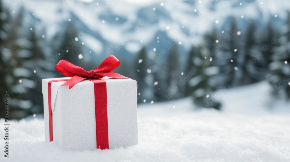 Gift box with red ribbon in snowy landscape, soft focus on trees and falling snowflakes. Gift box with red ribbon in snowy landscape, soft focus on trees and falling snowflakes.