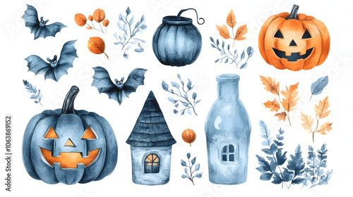 flyer for halloween with watercolor images of holiday attributes highlighted by white, png