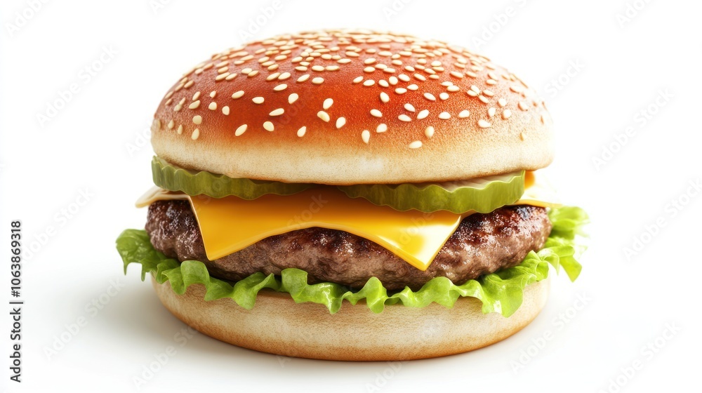 A classic cheeseburger with lettuce, pickles, and melted cheese on a sesame seed bun. A classic cheeseburger with lettuce, pickles, and melted cheese on a sesame seed bun.
