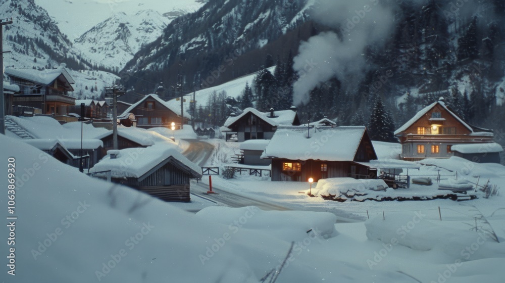 Obraz premium Picturesque alpine village tucked in a snowy valley, with warmly lit windows and billowing chimney smoke, creating an idyllic winter evening scene.