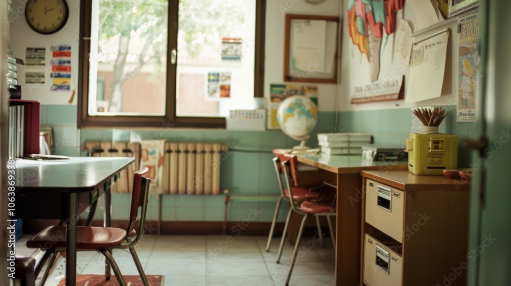 A cozy classroom filled with books, maps, and empty chairs basks in the gentle glow of afternoon sunlight, exuding a sense of nostalgia and learning. A cozy classroom filled with books, maps, and empty chairs basks in the gentle glow of afternoon sunlight, exuding a sense of nostalgia and learning.