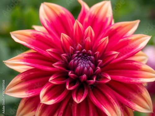 A close-up shot of a blooming Dahlia flower in vibrant colors, garden, colorful